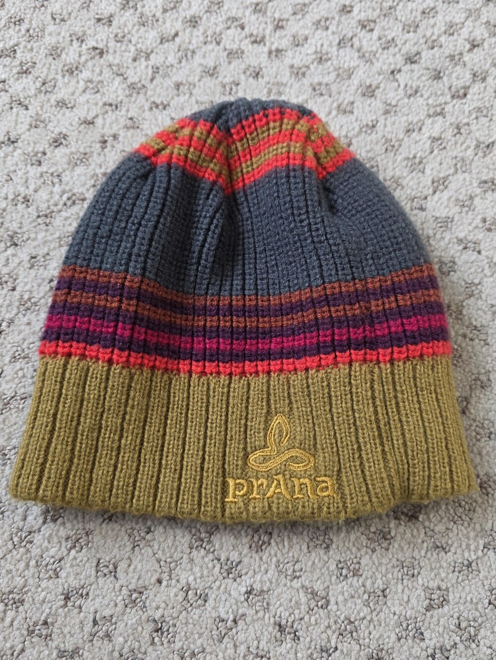 Prana Kids Olive Cuff Gray Beanie with Multicolor Stripes